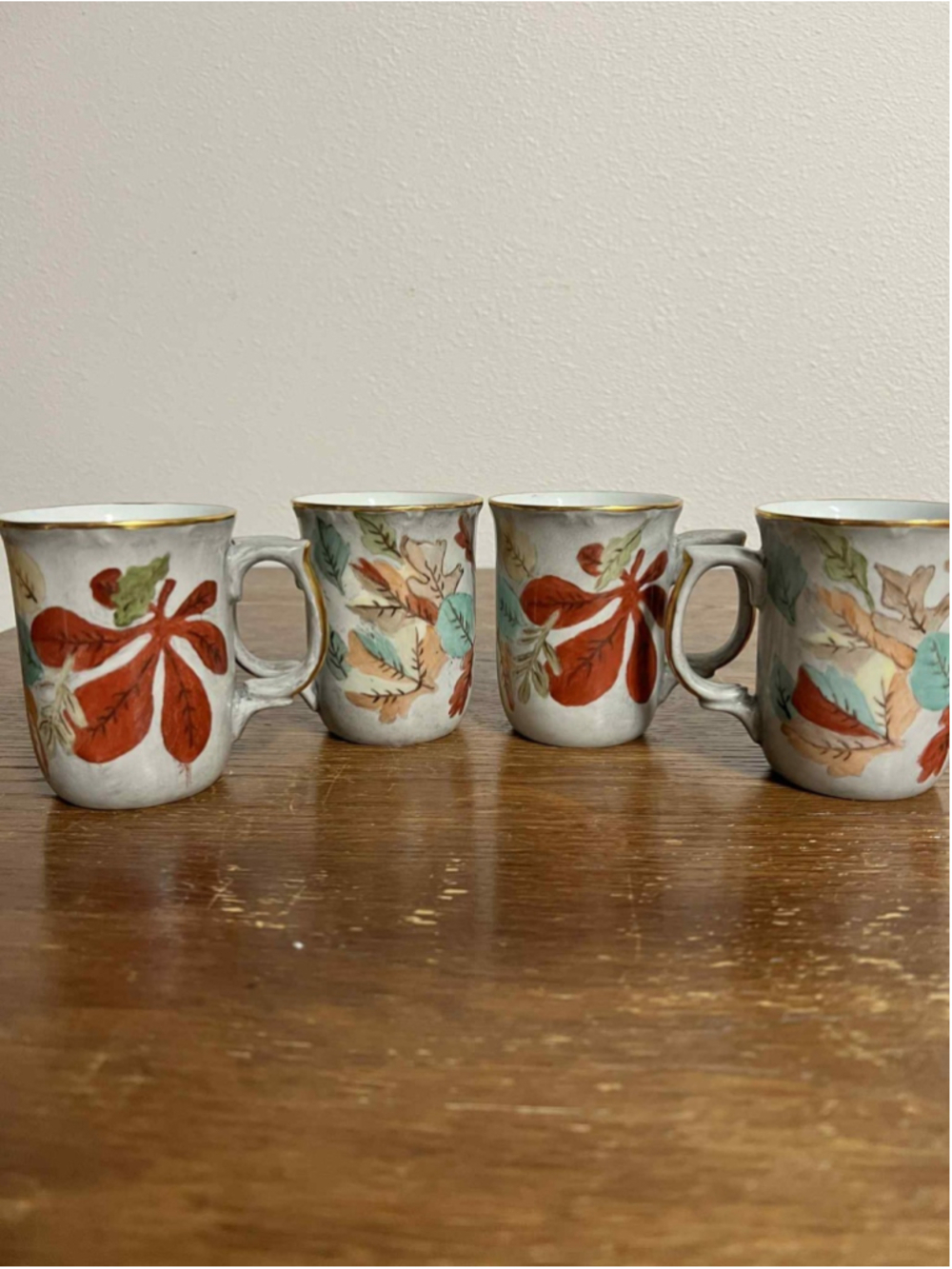 Vintage Hand Painted Porcelain Cups Set of 4 Signed E Krebs Autumn Leaves & Gold